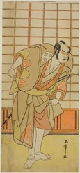 Der Schauspieler Otani Hiroji III als Hata no Daizen Taketora verkleidet als Shikishima Wakahei im Stück Juni-hitoe Komachi-zakura, aufgeführt im Kiri-Theater im elften Monat, 1784