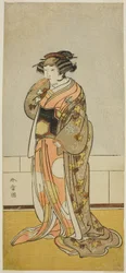 Der Schauspieler Yamashita Kinsaku II als Lady Kikusui (?) im Stück Kaeribana Eiyu Taiheiki (?), aufgeführt im Nakamura-Theater (?) im elften Monat, 1779 (?)
