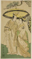 Die Schauspieler Arashi Hinaji I (rechts) und Ichikawa Komazo II (links) als Prinzessin Sakura (Sakura Hime) (?) und Shimizu Tonoinosuke (?), im Stück Soga Moyo Aigo no Wakamatsu (?), aufgeführt im Nakamura Theater (?) im dritten Monat, 1769 (?)