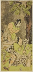 Die Schauspieler Ichikawa Danzo III als I no Hayata Tadazumi (rechts) und Matsumoto Koshiro II als Osada no Taro Kagemune (links) im Stück Nue no Mori Ichiyo no Mato, aufgeführt im Nakamura Theater im elften Monat, 1770