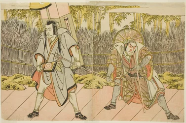 Die Schauspieler Ichikawa Danzo IV als Arakawa Taro Takesada verkleidet als Sänftenträger Tarobei (rechts) und Ichikawa Danjuro V als Abe no Sadato verkleidet als Pilger Kuriyagawa Jirodayu (links), im Stück Godai Genji Mitsugi no Furisode, aufgeführt im
