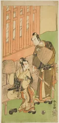 Die Schauspieler Ichikawa Komazo II als Soga no Juro Sukenari (rechts) und Ichikawa Danjuro V als Soga no Goro Tokimune (links) in Komuso-Kleidung, im Stück Sakaicho Soga Nendaiki, aufgeführt im Nakamura-Theater im ersten Monat, 1771