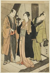 Die Schauspieler Ichikawa Monnosuke II (links), Iwai Hanshiro IV (Mitte) und Iwai Karumo (?) (rechts), auf einer Landung hinter der Bühne