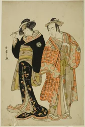 Die Schauspieler Matsumoto Koshiro IV und Segawa Kikunojo III als die Liebenden Choemon (rechts) und Ohan (links), in der Fluchtszene "Michiyuki Segawa no Adanami" (Eine Flucht: Verräterische Wellen im flachen Fluss), ein Tanzintermezzo aus dem zweiten Tei