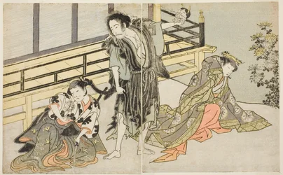 Die Schauspieler Nakamura Noshio I als Nyosan no Miya (rechts), Ichikawa Danjuro V als der abtrünnige Mönch Yochin (Mitte) und Yamashita Kinsaku II als das Dienstmädchen Mutsuhana (links), im Stück Fuki Kaete Tsuki mo Yoshiwara, aufgeführt im Morita-Theate