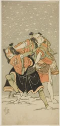 Die Schauspieler Otani Hiroji III als Kameo (rechts) und Sakata Sajuro I als Ario (links), im Stück Hime Komatsu Ne no Hi Asobi, aufgeführt im Ichimura Theater im neunten Monat, 1768