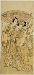 Die Schauspieler Segawa Kikunojo III (rechts) als Ochiyo und Bando Mitsugoro I (links) als Gemüsehändler Hambei im Stück Kabuki no Hana Bandai Soga, aufgeführt im Ichimura Theater im vierten Monat, 1781