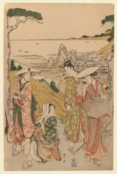 Eine Gruppe von Pilgern aus Yedo vor einem Teehaus auf den Hügeln hinter dem Strand von Futami, 1795