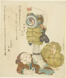 Daikoku balanciert Reisbündel, Hammer und Hahn auf seinen Füßen