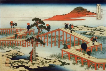 Die alte Ansicht der Yatsuhashi-Brücke in der Provinz Mikawa