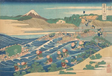 Der Fuji von Kanaya an der Tokaido-Straße aus gesehen, Tokaido Kanaya no Fuji, aus der Serie „36 Ansichten des Berges Fuji“, ca. 1830-32.