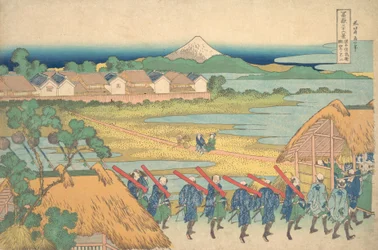 Fuji in der Ferne vom Vergnügungsviertel Senju aus gesehen, ca. 1830-32