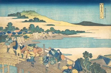 Fukui-Brücke in der Provinz Echizen, aus der Serie Bemerkenswerte Ansichten, ca. 1830