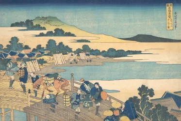 Fukui-Brücke in der Provinz Echizen Echizen Fukui no hashi, aus der Serie Bemerkenswerte Ansichten..., 1827-30