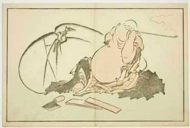 Hotei raucht seine Pfeife, aus dem Bilderbuch der realistischen Gemälde von Hokusai (Hokusai shashin gafu)