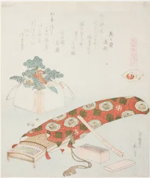 Koto und Neujahrsopfer, Illustration für Die Akoya-Strandmuschel (Akoyagai), aus der Serie "Ein Zuordnungsspiel mit Gedichtmuscheln aus der Genroku-Periode (Genroku kasen kai awase)"