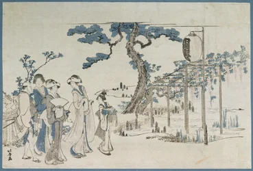 Damen besuchen die Glyziniengärten in Kameido