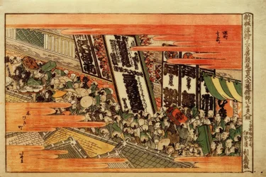 Neu verlegtes Perspektivbild. Andrang der Zuschauer zur Kaomise-Vorstellung