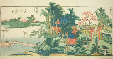 Seiten aus dem illustrierten Buch "Panoramablicke entlang der Ufer des Sumida-Flusses (Ehon Sumidagawa ryogan ichiran)"