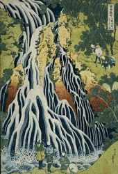 Der Kirifuri-Wasserfall am Mt. Kurokami in der Provinz Shimotsuke, aus der Serie "Eine Reise zu den Wasserfällen aller Provinzen"