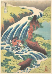 Der Wasserfall, wo Yoshitsune sein Pferd in der Provinz Yamato wusch, aus der Serie Eine Tour zu Wasserfällen in verschiedenen Provinzen