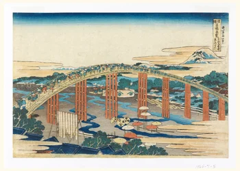 Tokaido Okazaki, Yahagi no bashi (Die Bogenschützenbrücke in Okazaki, auf dem Takaido), aus Sho-koku Meiko Kiran (Ansichten von Brücken in verschiedenen Provinzen)