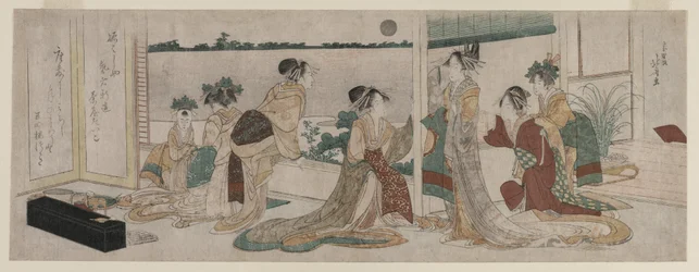 Tsukasa und andere Kurtisanen des Ogiya beobachten den Aufgang des Herbstmondes über Reisfeldern von einem Balkon in Yoshiwara