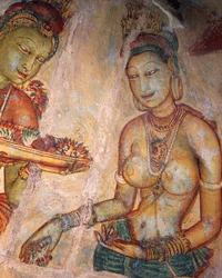 Apsaras, himmlische Nymphe, die Blumen anbietet, Fresko, befestigte Zitadelle von Sigiriya (UNESCO-Welterbeliste)