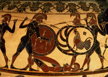 Detail einer korinthischen Vase, die eine Hopliten-Schlacht zeigt, ca. 600 v. Chr.