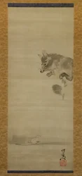 Tanuki Waschbärhund betrachtet sein Spiegelbild im Wasser, spätes 19. Jahrhundert