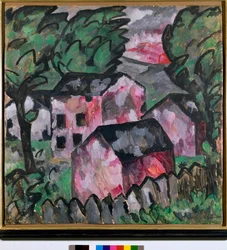 Landschaft mit roten Häusern. Gemälde von Kasimir Sewerinowitsch Malewitsch (1878-1935) 1910. Kunstmuseum Basel