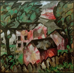 Landschaft mit drei roten Häusern