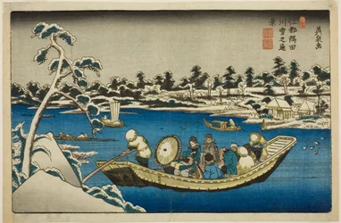 Fernblick auf Schnee am Sumida-Fluss in Edo