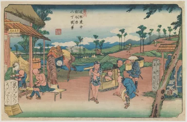 Nummer 9: Ansicht des Hatchō-Damms an der Station Kumagaya, aus der Serie „Entlang der Kiso-Straße“