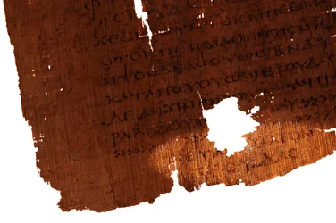 Detail der Schlussseite des Judas-Evangeliums, letzte Zeile des Textes lautet "Das Evangelium", 2006 (Foto)