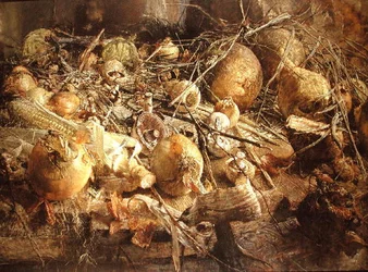 Stillleben mit Zwiebeln, Pilzen und Maiskolben