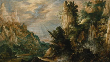Eine bergige Landschaft mit einem Wasserfall, ca. 1600