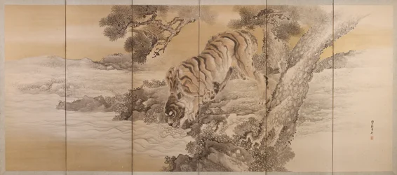 Sechsteilige Leinwand, die einen trinkenden Tiger darstellt