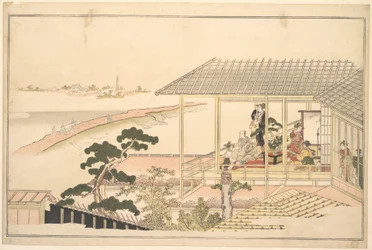 Eine Gesellschaft von Feiernden in einem Haus im Yoshiwara in einer Mondscheinnacht