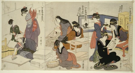 Künstler, Blockschneider, der Leim aufträgt, aus der Serie Die Kultivierung von Brokatdrucken, ein berühmtes Produkt von Edo, ca. 1803