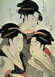 Nahaufnahme eines Gemäldes von drei Frauen, Kitagawa Utamaro, Kansei-Ära, Japan