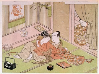 Paar, das sich unter dem Blick der Dienerin streichelt. Japanischer Druck von Utamaro Kitagawa (1753-1806). 18. Jahrhundert. Paris, Guimet Museum, Nationalmuseum für asiatische Künste