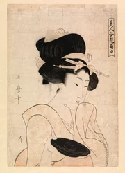 Kurtisane mit einer Sake-Tasse, um 1790-1806 (Farbholzschnitt)