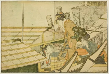 Einschiffen auf Vergnügungsboote im Sommer, aus dem illustrierten Buch "Bilderbuch: Blumen der vier Jahreszeiten (Ehon shiki no hana)," Bd. 1