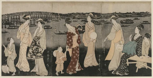 Genießen der Abendkühle entlang des Sumida-Flusses, ca. 1797-98