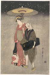 Geisha, die nachts durch den Schnee geht