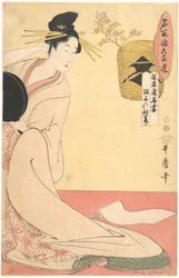 „Hanazuma aus dem Hyōgoya und Kenbishi aus dem Sakagami“ aus der Serie Die Ebenbürtigen des Sake, verglichen mit ausgewählten Bewohnerinnen von sechs Häusern (Natori zake rokkasen: Hyōgoya Hanazuma, Sakagami no Kenbishi)