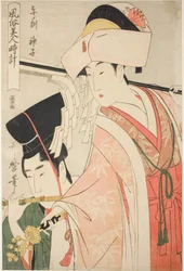 Stunde des Pferdes [12 Uhr], Schreinmädchen (Uma no koku, miko), aus der Serie „Bräuche der Schönheiten rund um die Uhr“ ("Fuzoku bijin tokei")