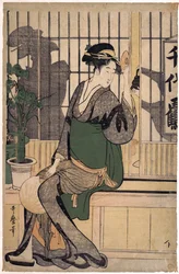Das Teehaus Chiyozuru (Schatten auf dem Shoji, einer Papierwand) von Kitagawa Utamaro (1753-1806)