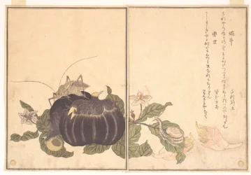 Landschnecke (Katatsumuri); Riesen-Laubheuschrecke (Kutsuwamushi), aus dem Bilderbuch der kriechenden Geschöpfe (Ehon mushi erami)